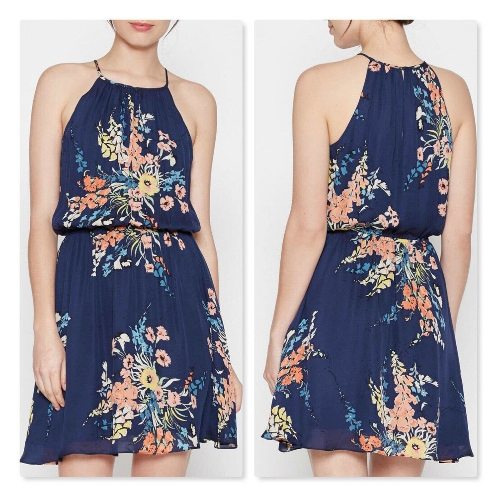 NWT Joie Makana Navy Blue Floral Silk Halter Dress Size L Sleeveless Casual